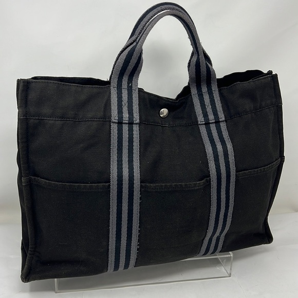 HERMÈS Toile Fourre-Tout MM Black Gray Tote - Picture 1 of 16